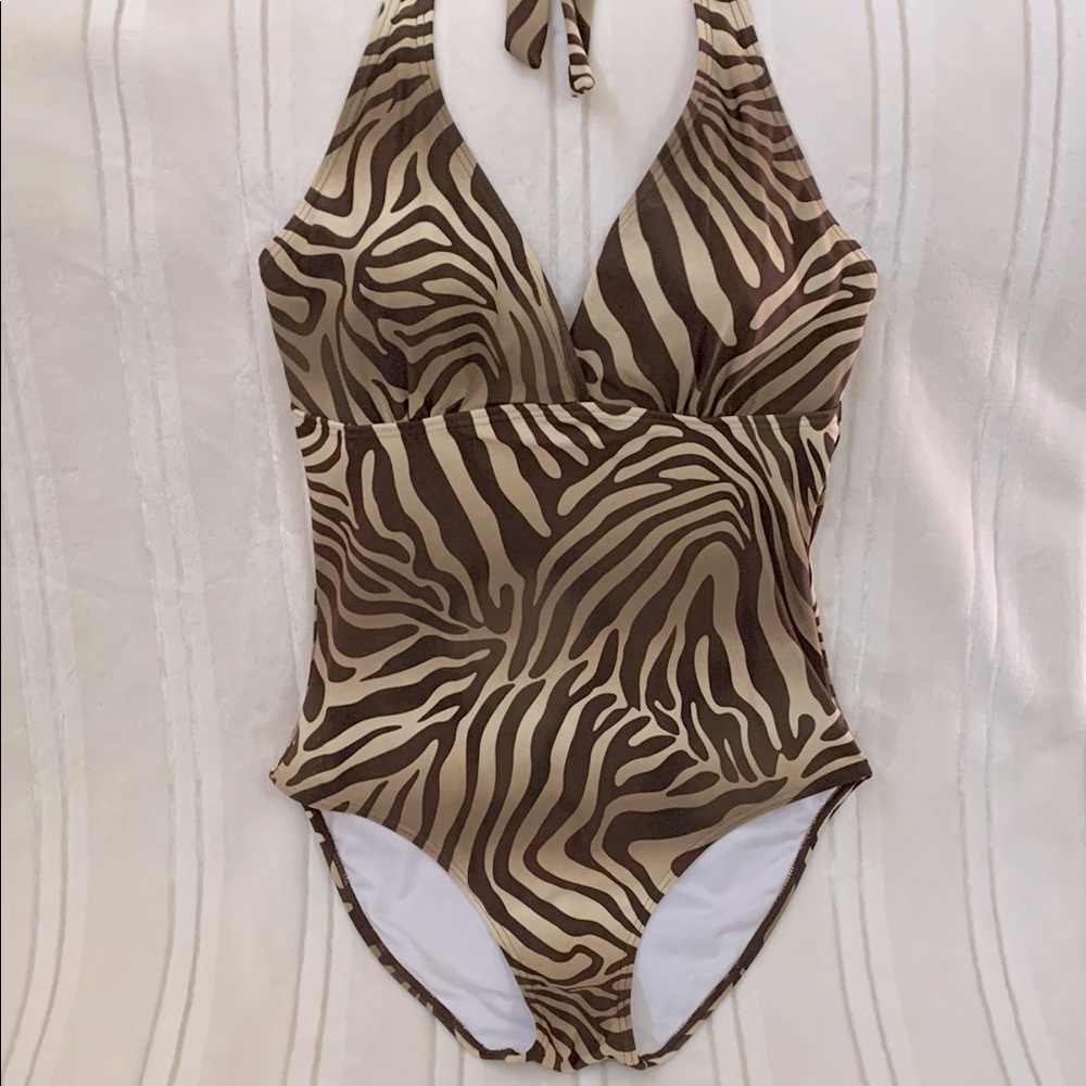 Christina Swimwear Brown Zebra Animal Print One Piece Halter Top Swimsuit
